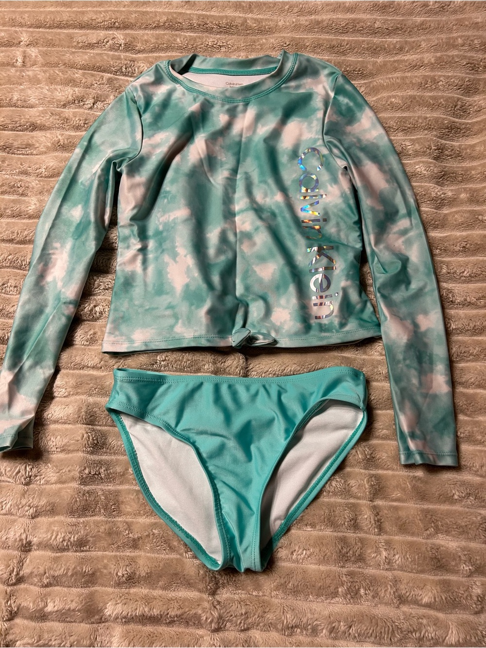 Calvin Klein Teal Tie-Dye Long Sleeve Rashguard Set
